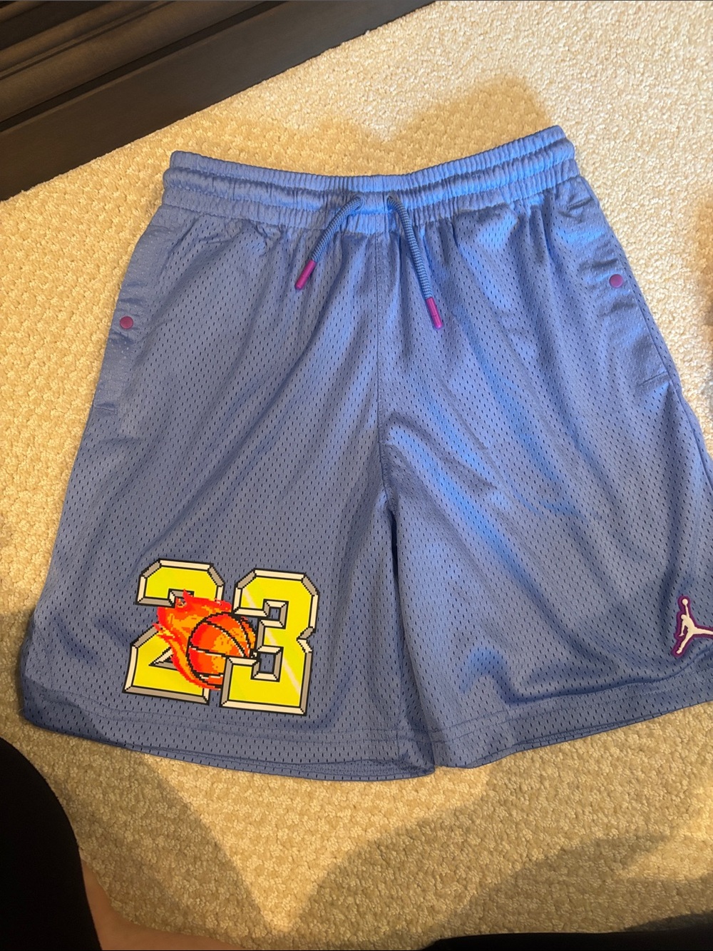 Jordan Light Blue Men’s Mesh Basketball Shorts with Yellow 23 Graphic